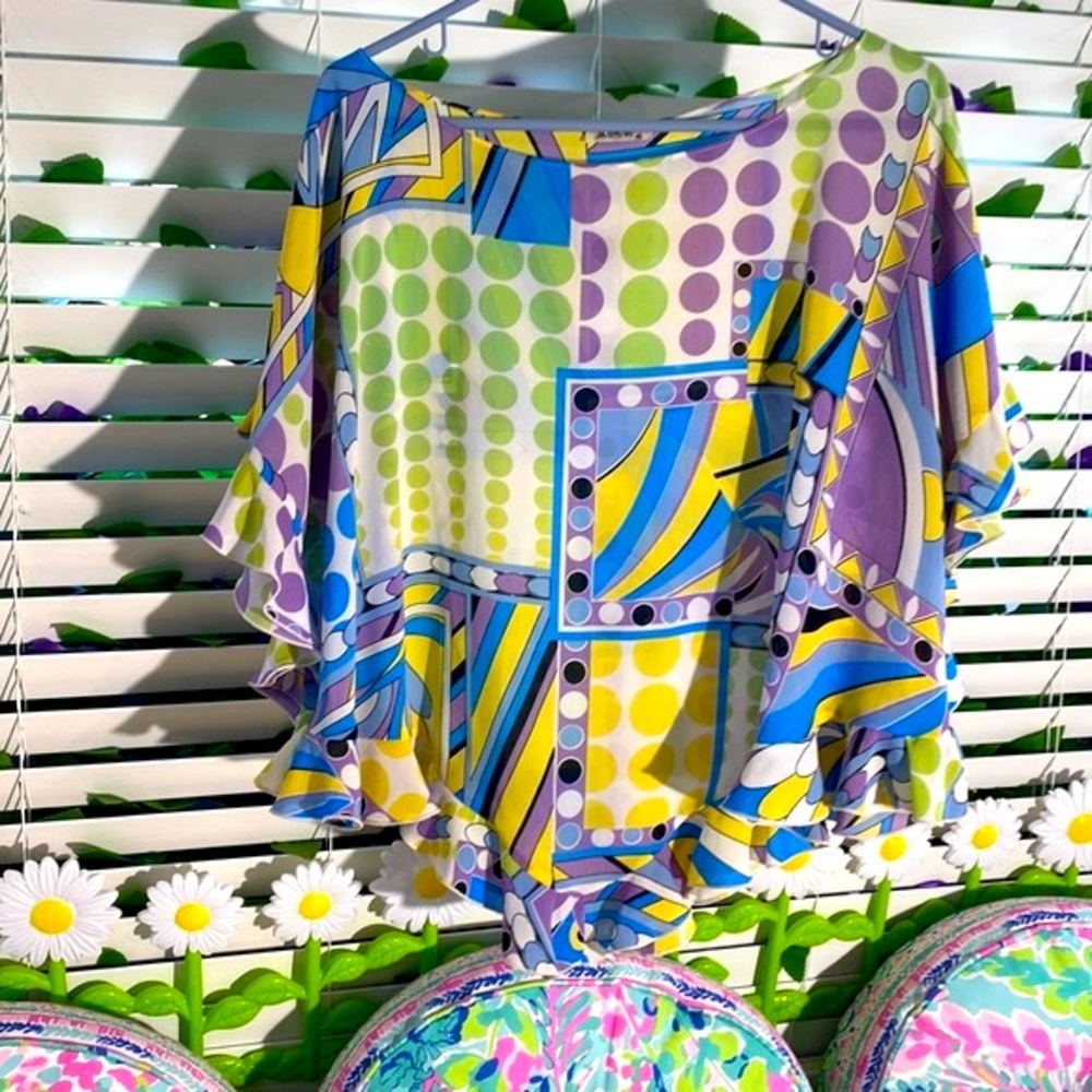 Jaipur colorful pastel top with mixed patterns and ruffles